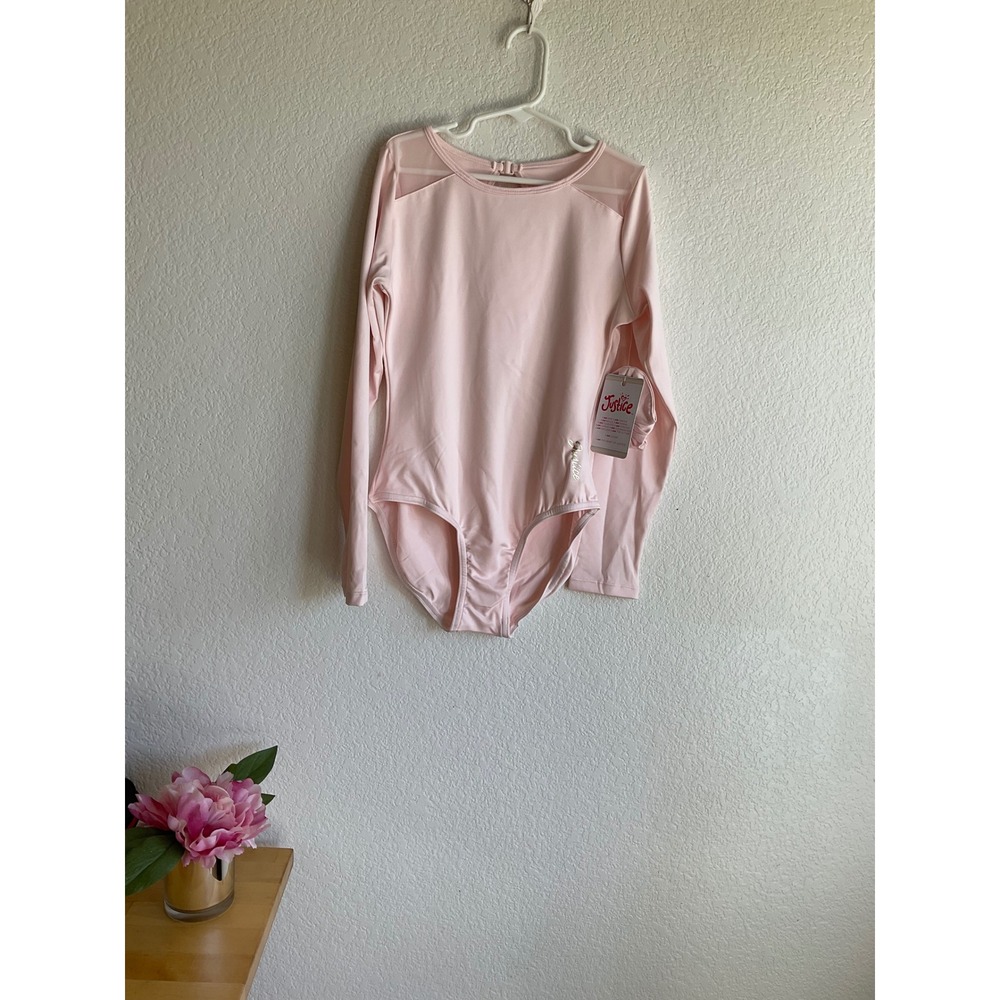 Justice Girls Pink Long Sleeve Mesh Leotard Keyhole Back Gymnastics XL 16/18